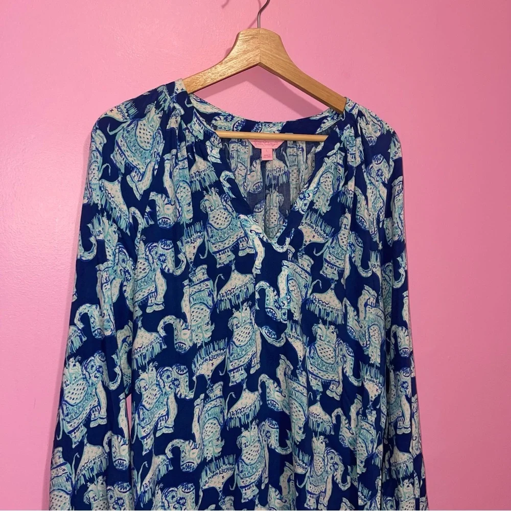 Lilly Pulitzer Martinique Joy Ride Blue Elephant Print Top Women’s Large - Picture 3 of 7